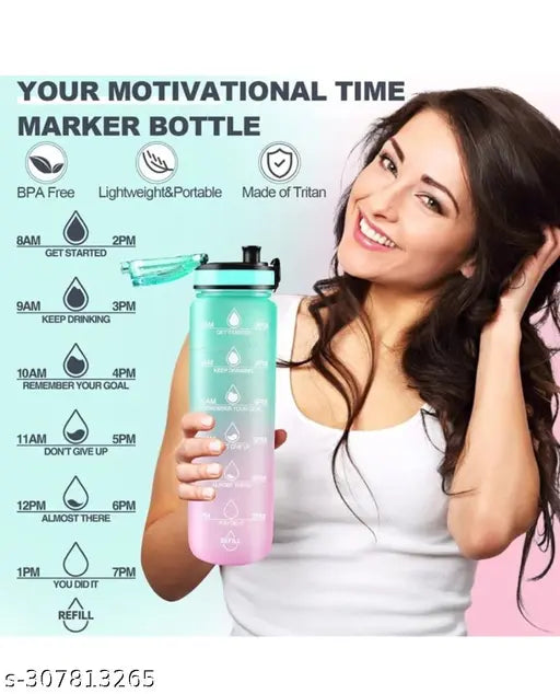 Multicolor unbreakable silicone motivational sipper bottle with time marker & straw water tracker, 1000ml capacity for fitness tracking