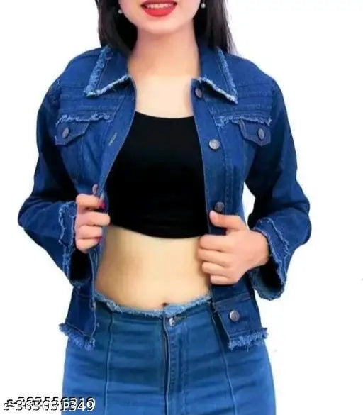 Denim, solid-pattern women's teen patti jacket. High-quality Indian-made denim jacket for stylish women
