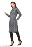 Navy blue wool A-line printed kurti, long sleeves, elegant Montrex designwear for women