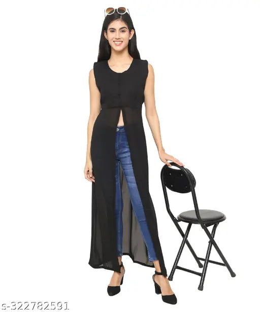 Black Georgette Anarkali Kurta, three-quarter sleeves, western top kurti on hanger, high-quality cotton fabric, Indian origin