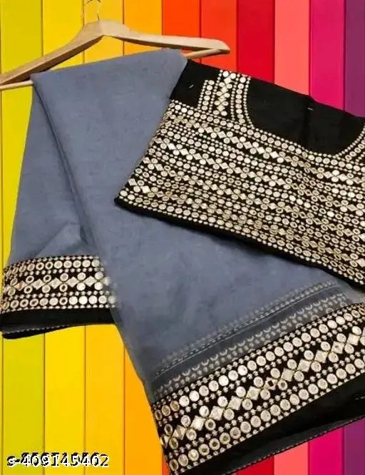 Silk sarees in green bottel, dark grey, Royal blue, rama color, morepeach with embroidered puff sleeve blouses, Chikankari kurtis, designer lehengas, shararas, phulkari dupattas, petticoats, abaya, black kurta, velvet shawls. Indian-made
