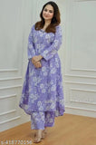 Refined purple floral print women's kurta set with rayon fabric, featuring three-quarter sleeves and matching palazzos, perfect for any occasion