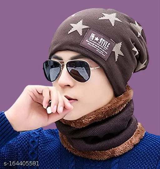 Warm woolen unisex beanie cap & scarf set with fur, 100% soft touch wool, ideal for cold winters