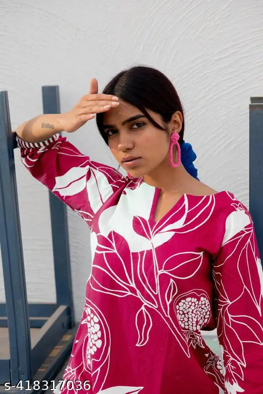 GoSriKi Women's Pink printed cotton blend kurta with palazzos, three-quarter sleeves, single size set from India