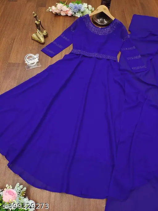 Blue Georgette Choki dress, long sleeves, solid color, sizes S-XXXL