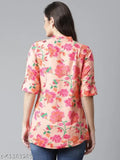 Peach floral print rayon top, three-quarter sleeves, Divena brand, office-appropriate casual wear