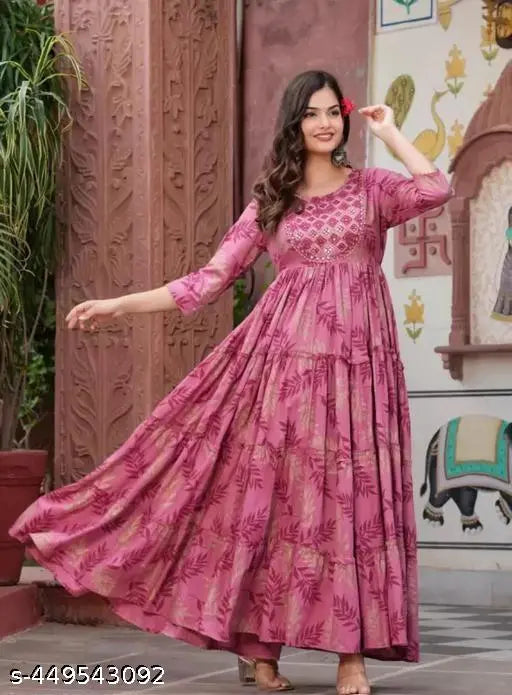 Pink rayon printed Anarkali kurti and gown with leaf design. Comfortable, breathable, machine-washable, and suitable for various occasions