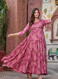 Pink rayon printed Anarkali kurti and gown with leaf design. Comfortable, breathable, machine-washable, and suitable for various occasions