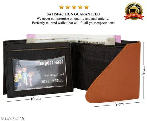 Black and tan faux leather men's wallet with snap lock, features 2 compartments, perfect for everyday use