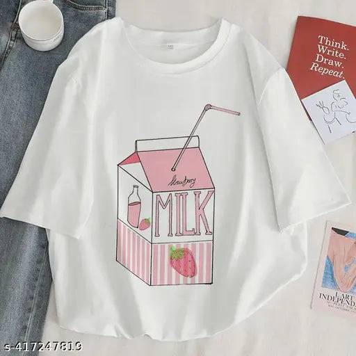 Printed oversize polycotton t-shirt for women, three-quarter sleeves, large graphic design on front