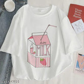 Printed oversize polycotton t-shirt for women, three-quarter sleeves, large graphic design on front