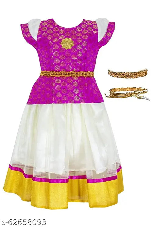 Embroidered Chanderi silk choli with satin lehenga, traditional South Indian outfit for girls aged 6-7 years