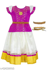 Embroidered Chanderi silk choli with satin lehenga, traditional South Indian outfit for girls aged 6-7 years
