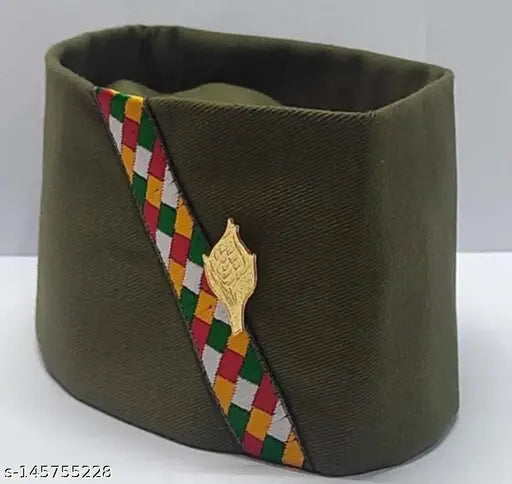 Army colour cotton flat cap, Pahadi Modi Brahmakamal Topi from Uttrakhand, traditional Indian headgear on display