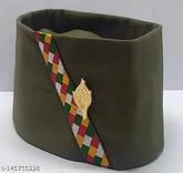 Army-color cotton flat cap, traditional Pahadi Modi/Brahmakamal Topi from Uttrakhand, India