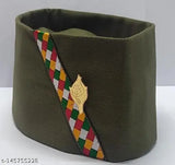 Army colour cotton flat cap, Pahadi Modi Brahmakamal Topi from Uttrakhand, traditional Indian headgear on display