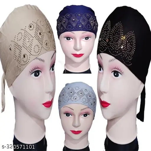Cotton canvas trendy Islamic hijab cap pack, self-designed selfie stone pattern on onesize head wrap, 4 pieces originating from India