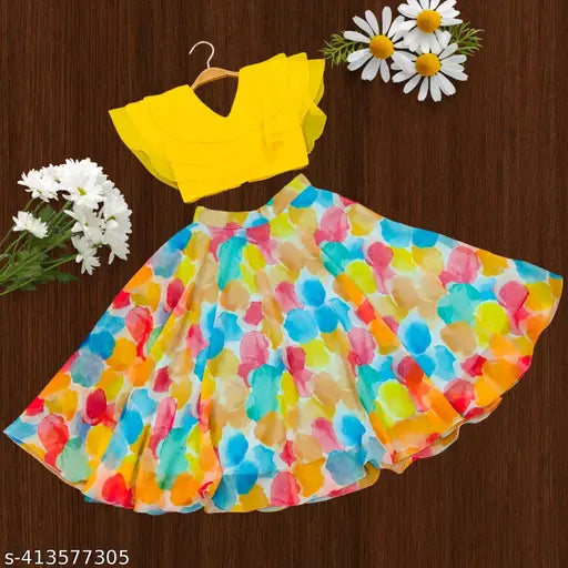 Stylish new Georgette lehenga choli for girls aged 2-8, embellished with no add-ons. Indian traditional wear on display stand