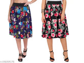 Blue Floral & Pink Black Base Print Mid Calf Polyester Skirt Combo Pack 2 - Women's Crepe Style Fashion in Various Sizes (India)