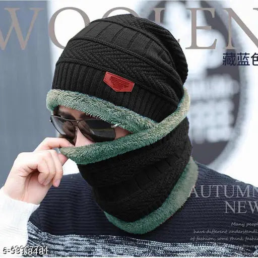 Black wool embellished beanie (N1), handcrafted in India