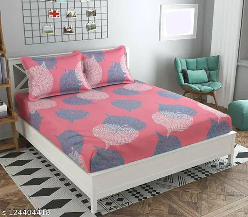 Pink premium cotton elastic fitted double bed sheets, 2 king-size pillow covers, floral pattern, 72 x 7810 inches, skin-friendly