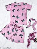 Butterfly print silk night suit set (T-shirt, pajamas, shorts), luxurious and comfortable sleepwear with drawstring elastic waistband, India origin