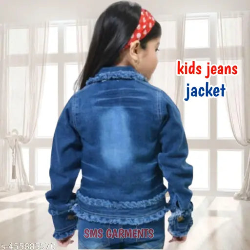 Trendy blue denim jacket for girls - Solid, long sleeves, frayed design. Made from high-quality Indian denim, ideal for chilly days and fashionable looks