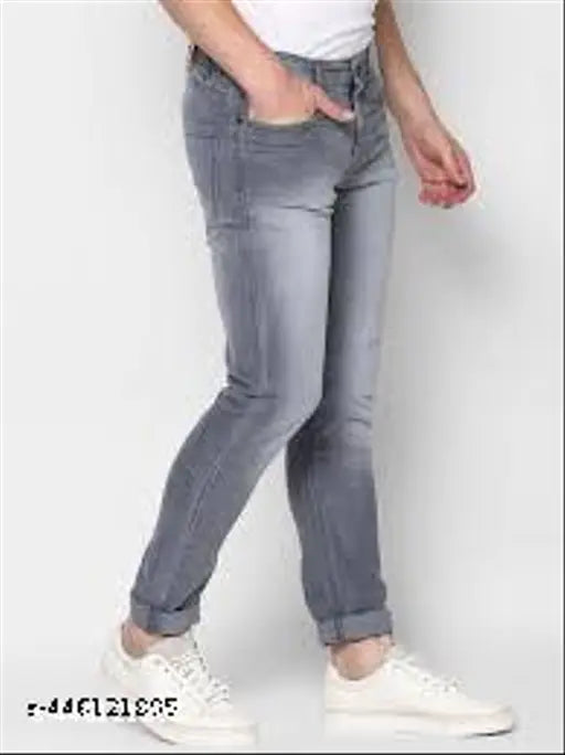 Men's regular fit grey denim jeans, solid pattern, size 28 (waist 29in, length 42in, hip 36in), Made in India