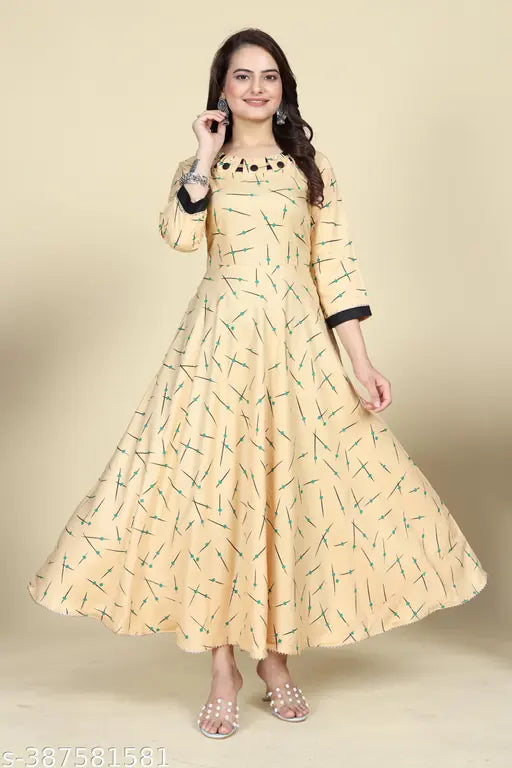 Cream rayon long anarkali kurti with fashionable printed combo, three-quarter sleeves. XL size, bust 42 inches