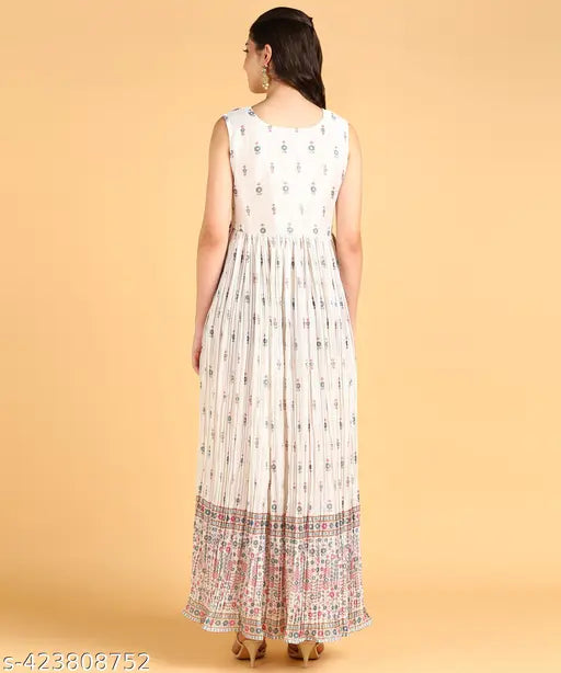 Silk blend sleeveless embroidered net ethnic print gown, Indian fashion silk dress for women (N S M L XL)