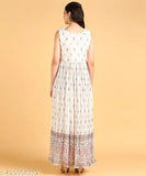 Silk blend sleeveless embroidered net ethnic print gown, Indian fashion silk dress for women (N S M L XL)