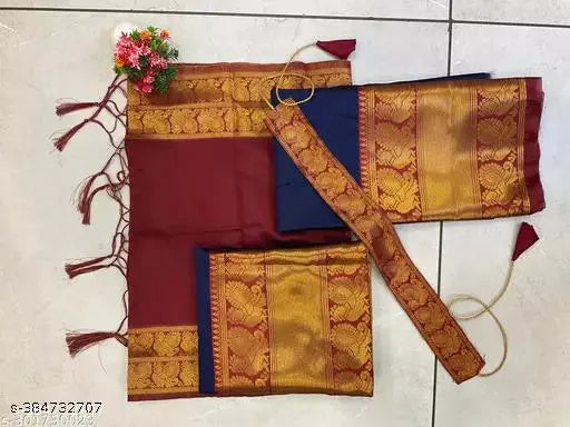 Traditional south Indian kids art silk lehenga choli half saree, unstitched with jacquard and jari work, free size