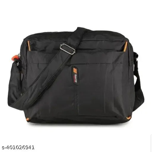 Black polyester unisex sling bag for office, travel, or casual use. Three compartments and a zipper closure. Solid design with free size (10x5x10 inches). Made in India