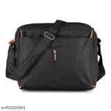 Black polyester unisex sling bag for office, travel, or casual use. Three compartments and a zipper closure. Solid design with free size (10x5x10 inches). Made in India