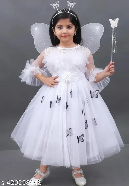 White net bell sleeve flare party dress for girls, adorned with hair band, fairy wings, and fairy stick. Ethereal and comfortable, perfect for celebrations