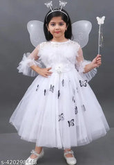 White net bell sleeve flare party dress for girls, adorned with hair band, fairy wings, and fairy stick. Ethereal and comfortable, perfect for celebrations