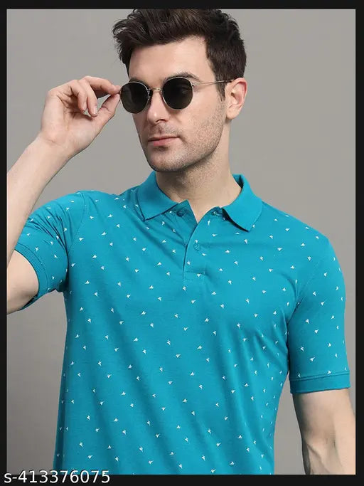 MERRIMENT men's printed cotton polo t-shirt, short sleeves, size M (Chest: 38in, Length: 27in), country of origin: India