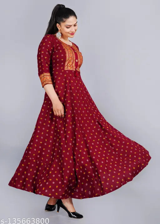 Printed Rayon Women's Kurti - Handwoven, ethnic-fashionable rayon kurti with three-quarter sleeves and intricate prints, showcasing Indian artistry