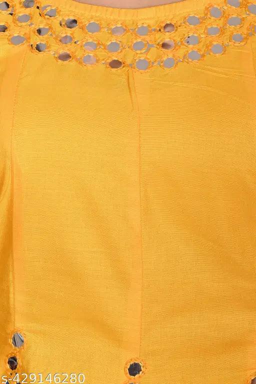 Vibrant yellow embroidered Anarkali Kurti set with Sharara, made from rayon fabric. Perfect for festive occasions or celebrations. Indian ethnic wear, size XS-XL