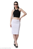 Solid white polyester pencil skirt for women, ideal for various body types and occasions. Sizes: 26, 28, 30, 32, 34 (India)