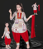 Embellished cotton blend girls party kurta set with patiala and chunni - Indian fashion for kids