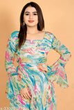 Women's light color long sleeve gown, printed combo Georgette dress with fixed belt, multi-color digital print on display stand, India origin