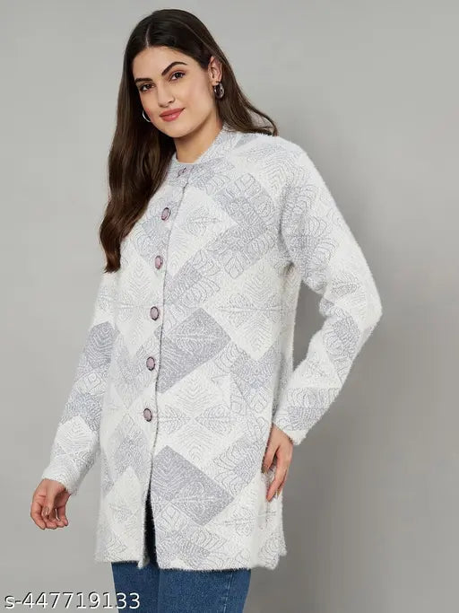 Woolen printed round neck sweater, embroidered net pattern, long sleeves, India-made