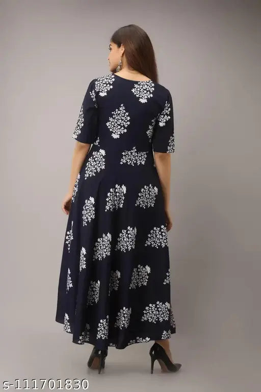 Rayon printed long kurti, short sleeves by Rupin Fashion Designer - Modern Indian dress for M (38" bust, 48" length), L (40" bust, 48" length), XL (42" bust, 48" length), XXL (44" bust, 48" length)