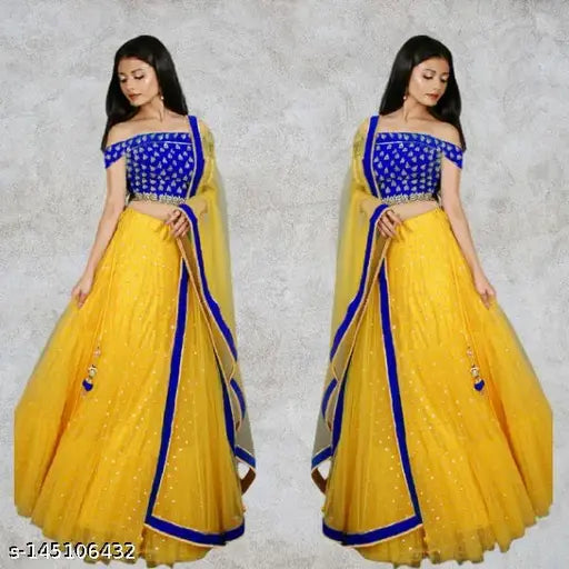 Yellow satin and net Bollywood embroidered lehenga set with lace dupatta, semi-stitched
