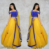 Yellow satin and net Bollywood embroidered lehenga set with lace dupatta, semi-stitched