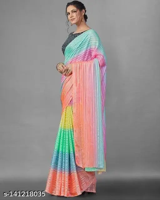 Rainbow Georgette Multi-color Saree with velvet blouse, zari woven pattern, free size, India origin