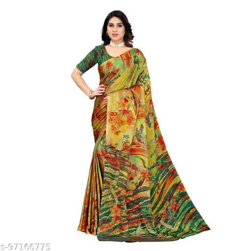 Forest Red Green Chiffon Saree and Blouse, daily wear floral printed design from Winza