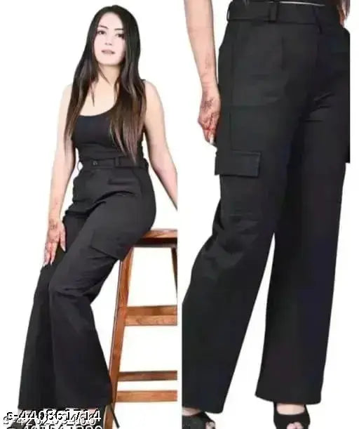 Black cotton blend cargo pants - women's comfortable, trendy, and stylish slim-fit trousers from contemporary Indian fashion