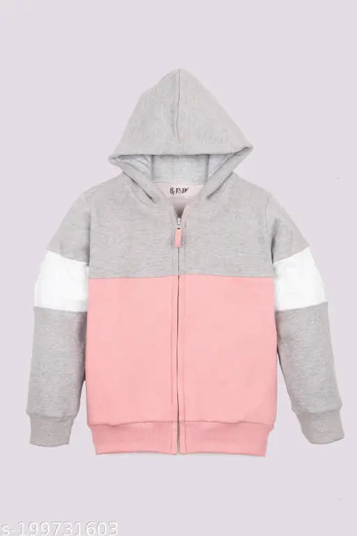 Cotton blend colorblocked winter zipper hoodie for girls, stylish fleece wear for 2-3 years